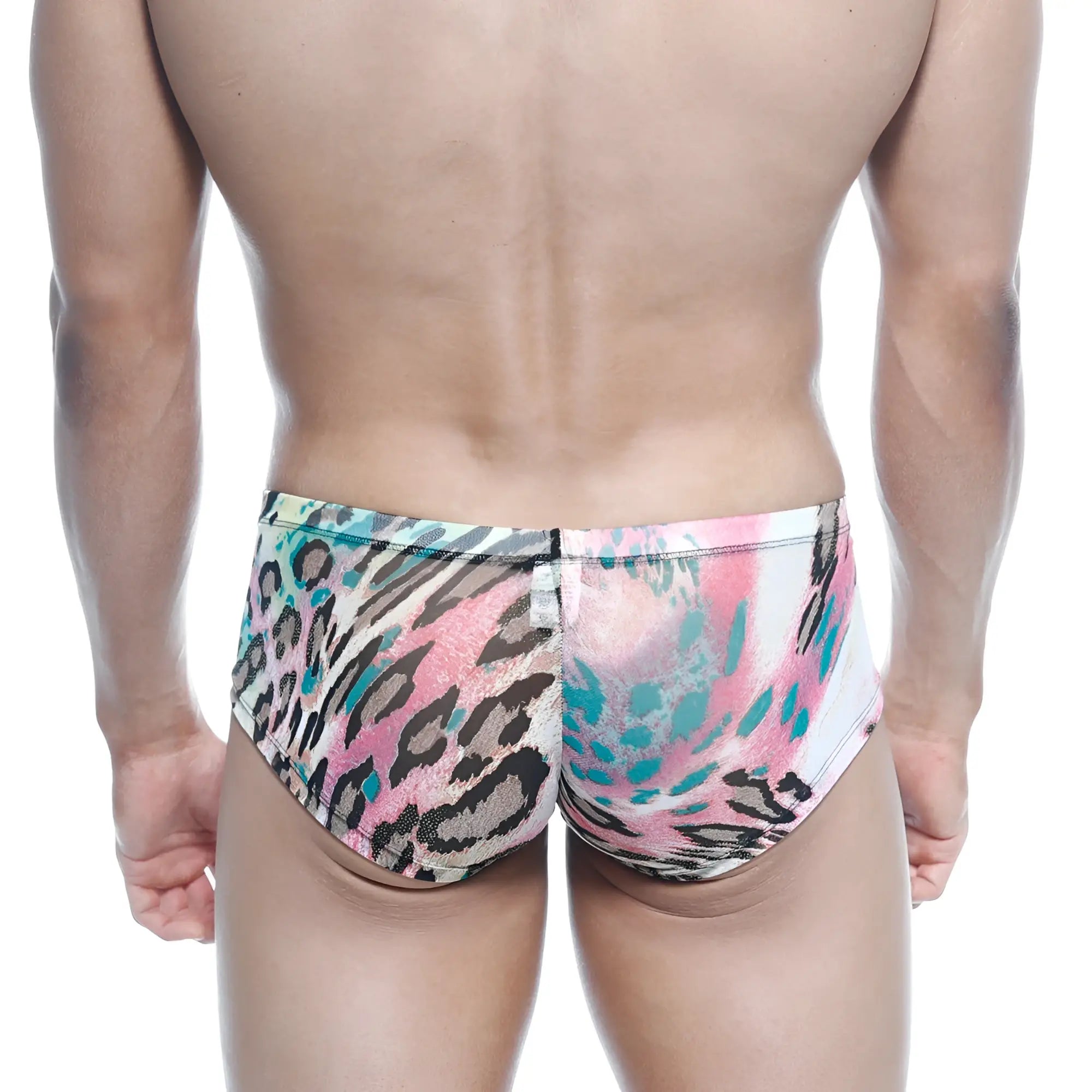 Vibrant pink and teal leopard-print glossy fabric swim trunks metro male wear oscar boxer fenrir 2125-79 front view