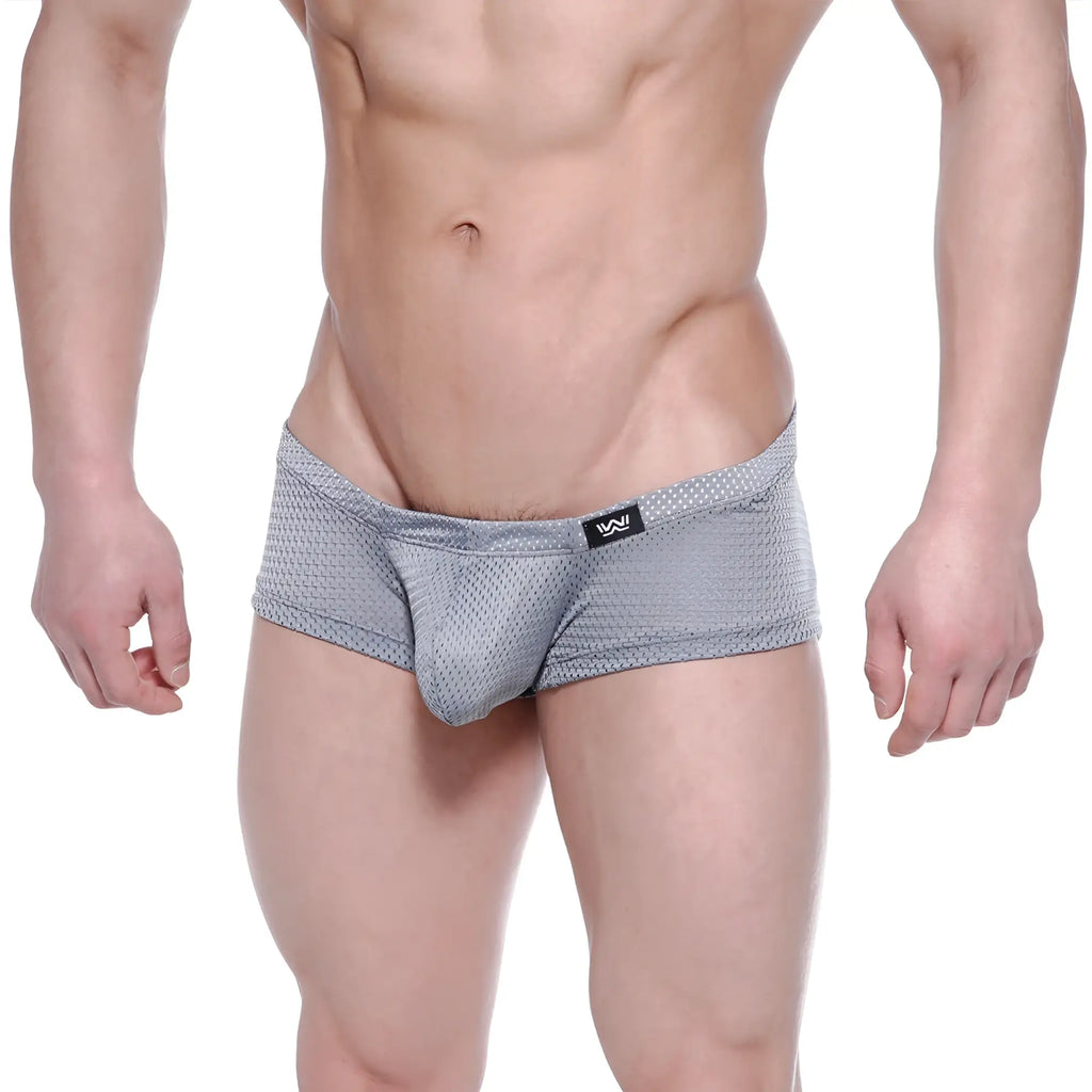 Gray mesh men’s briefs with subtle dotted pattern and black logo on waistband from MetroMaleWear Oscar Boxer 2125-42