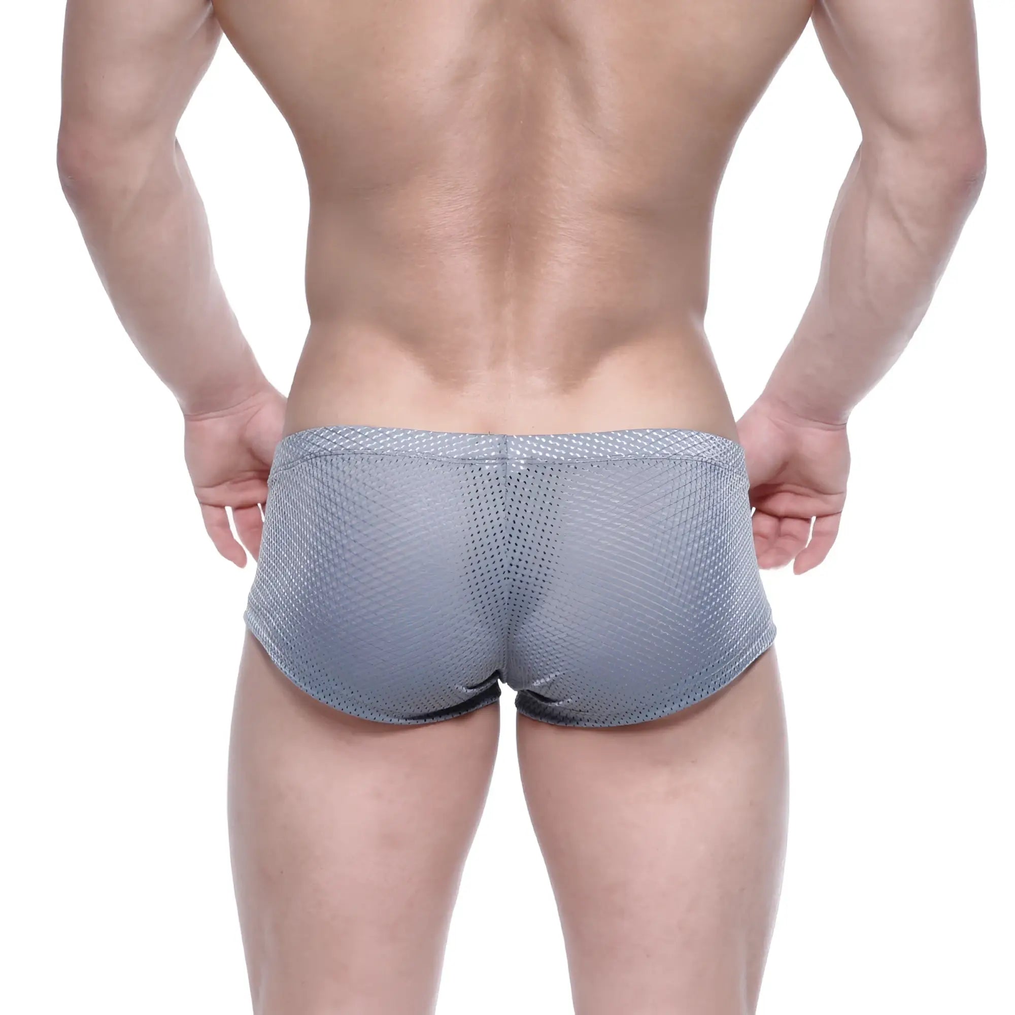 Metro male wear oscar boxer gray mesh briefs with subtle pattern and black trim in front view