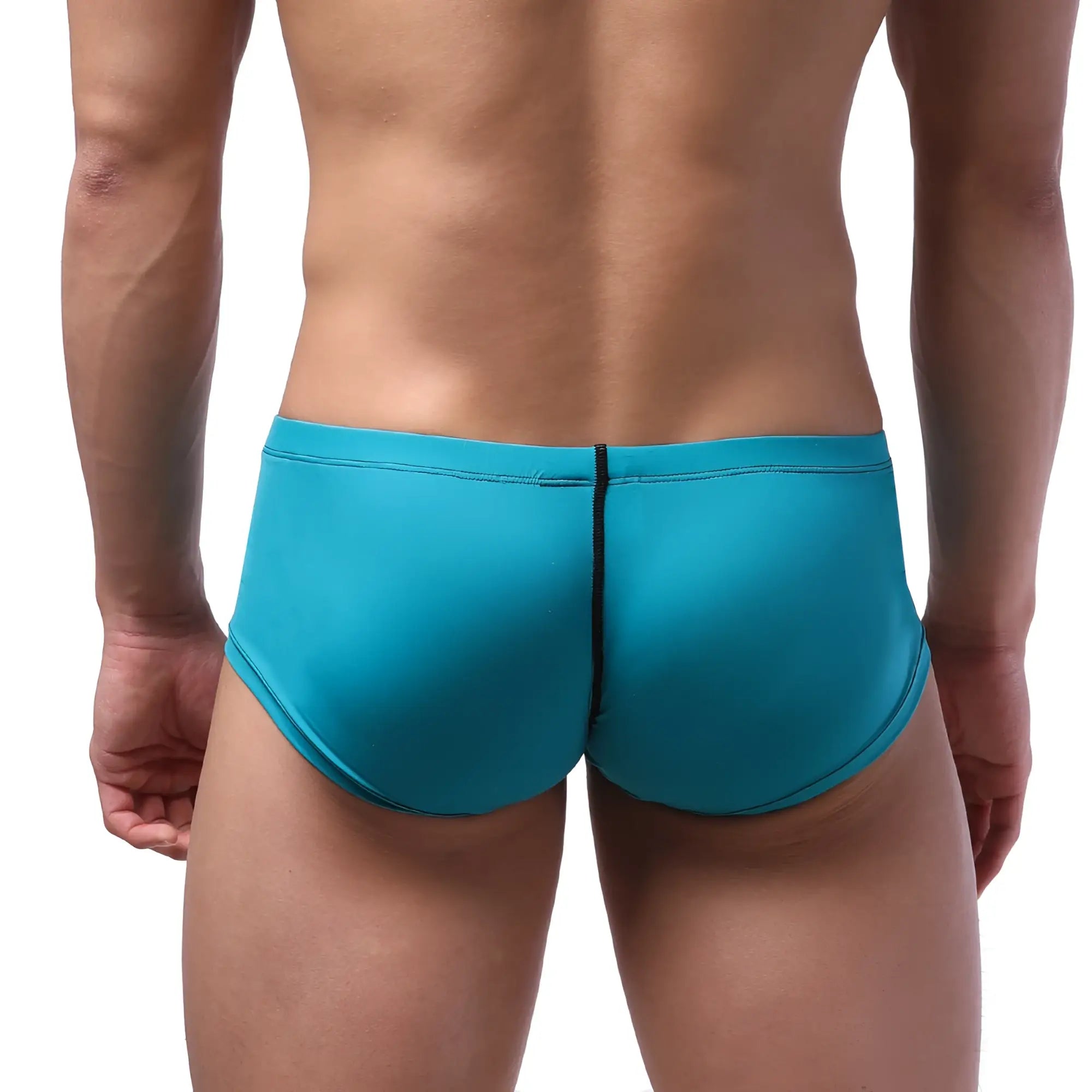 Metro male wear oscar boxer swim trunks in turquoise with a black central seam for comfortable beachwear