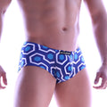 Metro male wear oscar boxer briefs with blue and white honeycomb hexagonal geometric pattern design