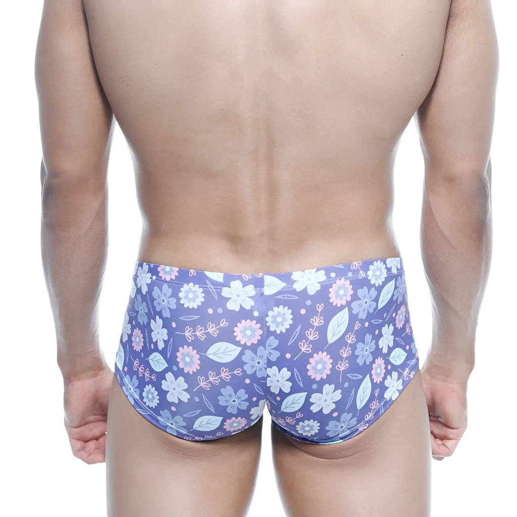MetroMaleWear Oscar boxer Jardin 2125-44 purple floral swim trunks with pink white blossoms on soft stretchy fabric