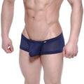 Navy blue mesh boxer briefs with subtle metro male wear logo on waistband for breathable comfort