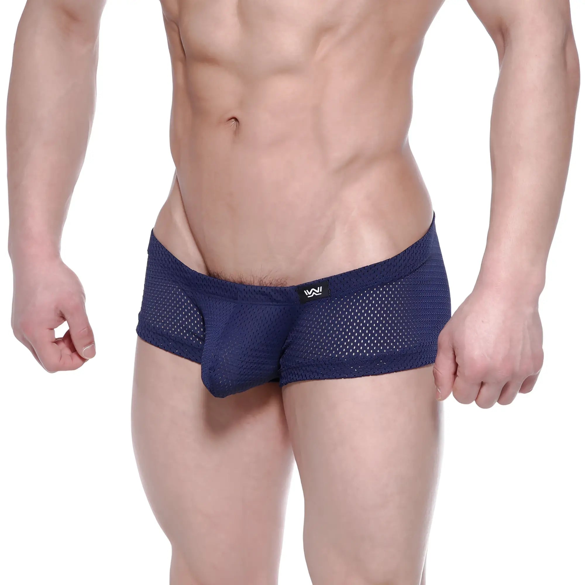 Navy blue mesh boxer briefs with subtle metro male wear logo on waistband for breathable comfort