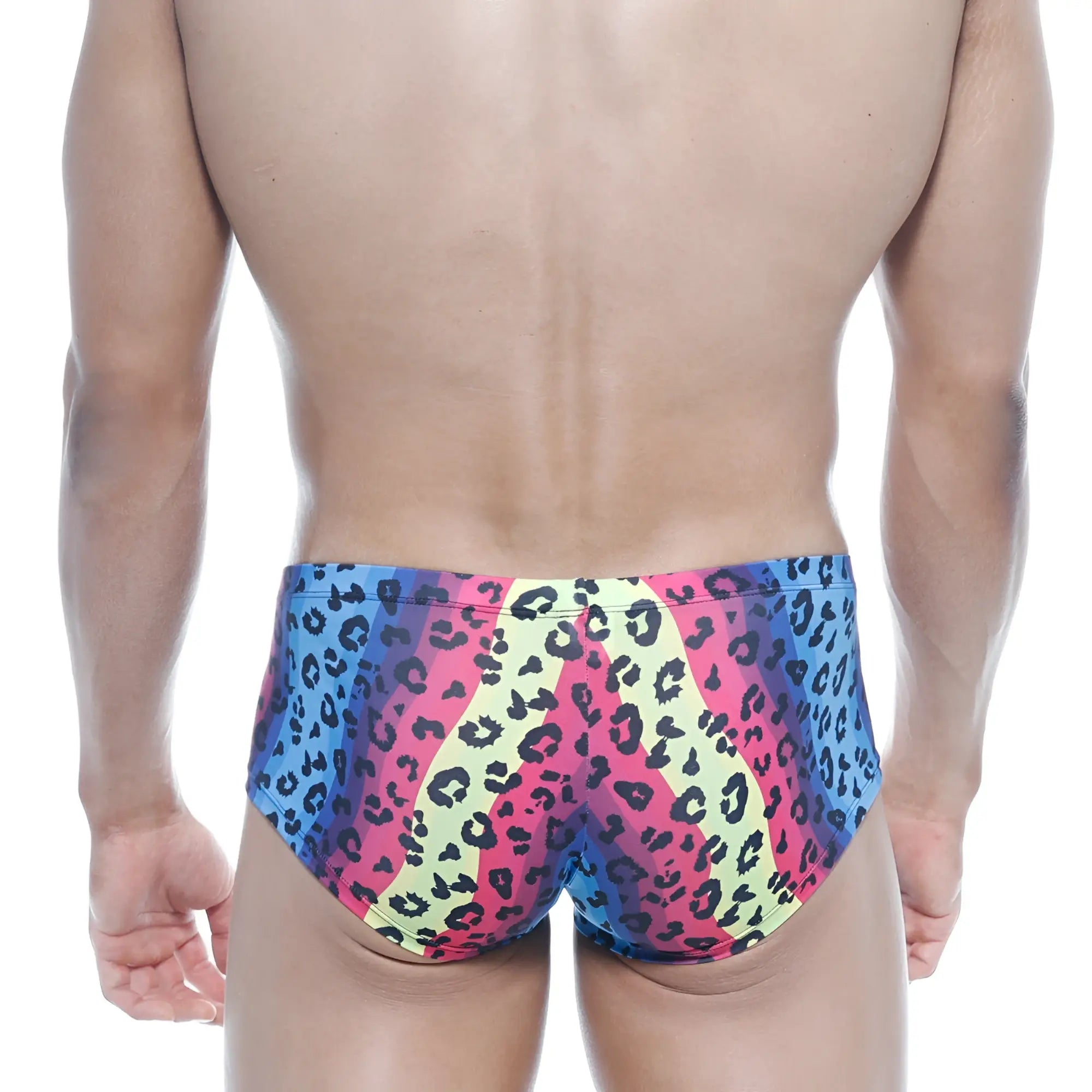 MetroMaleWear Oscar boxer neon 2125-05 vibrant swim trunks with bold pink blue and yellow leopard print pattern