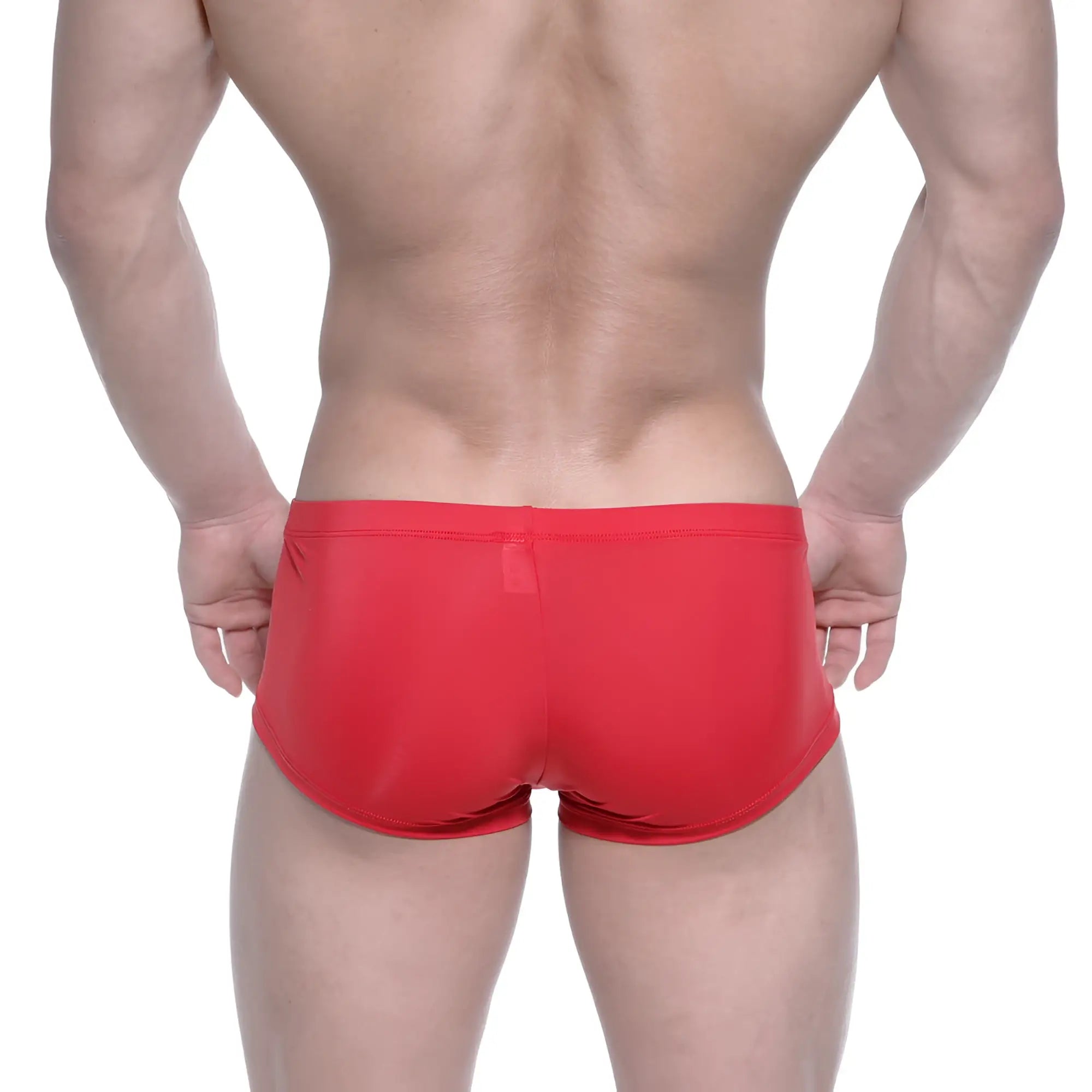 MetroMaleWear Oscar Boxer red swim trunks in smooth stretchy fabric shown from the back with a small pocket