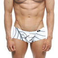 White swim trunks with bold gray abstract leaf pattern and black metro male wear logo on waistband front view