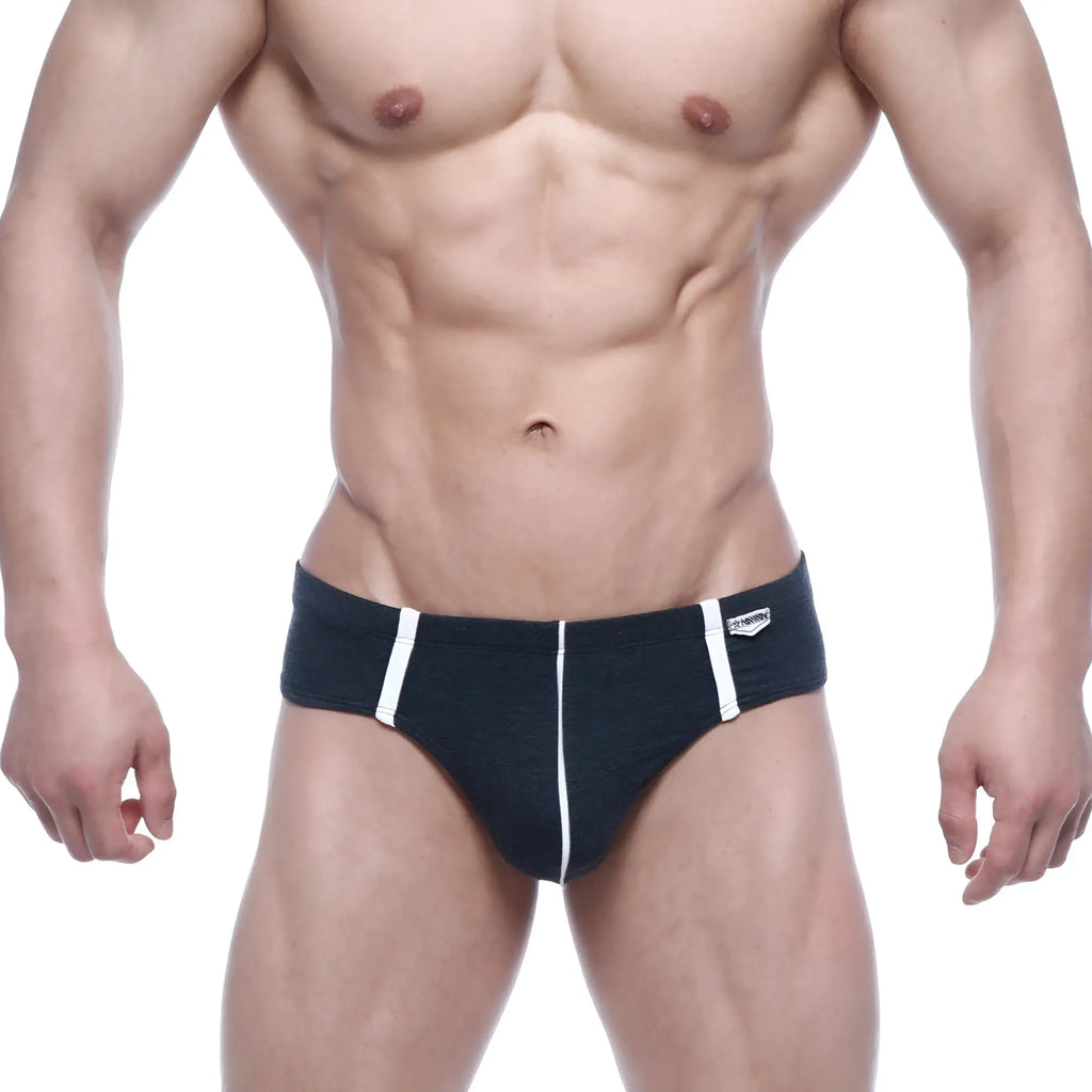 MetroMaleWear Oslo hip brief charcoal with white side stripes and small logo on waistband in black fabric