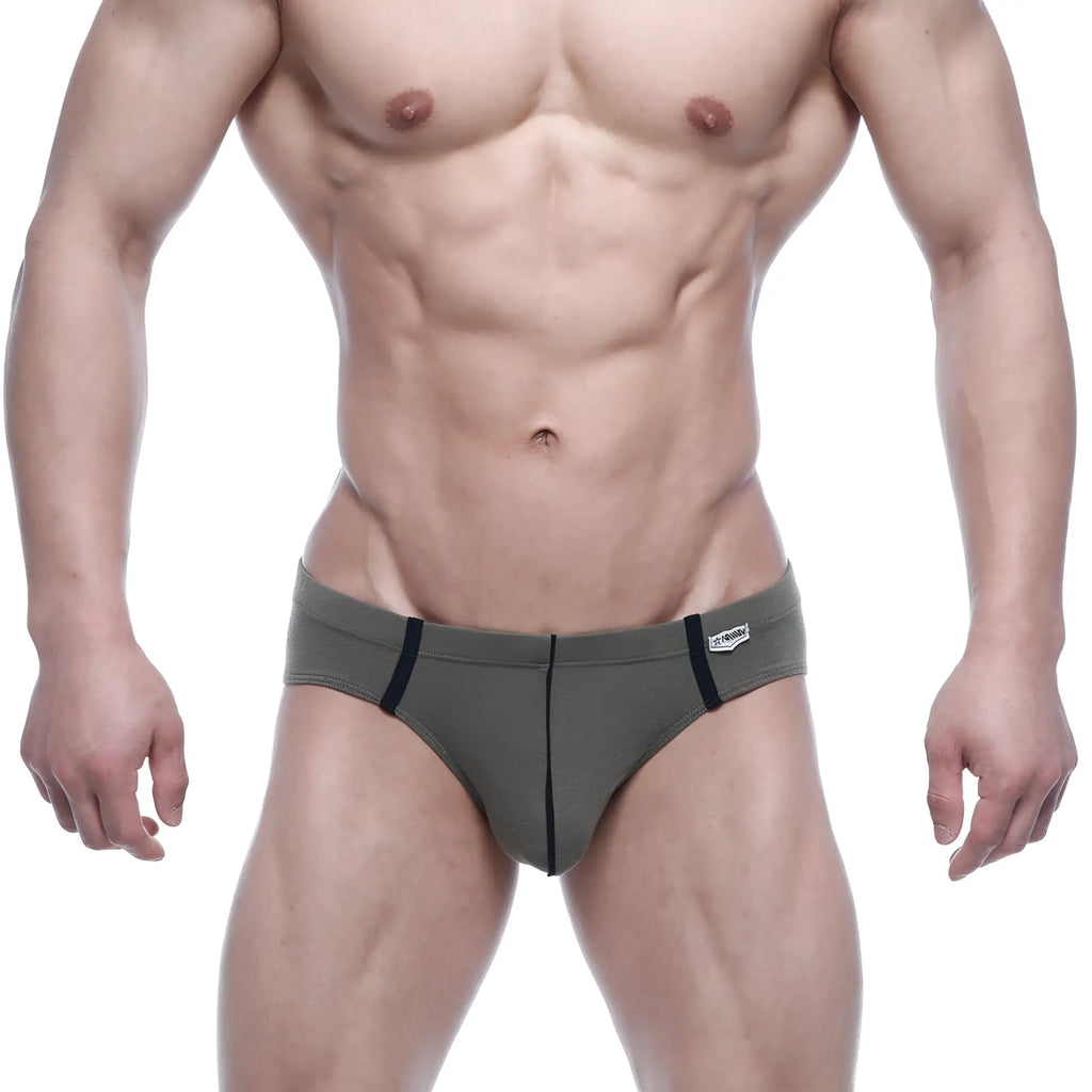 Olive green metro malewear oslo hip brief with black trim and white brand tag on waistband for athletic wear