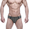 Olive green metro malewear oslo hip brief with black trim and white brand tag on waistband for athletic wear