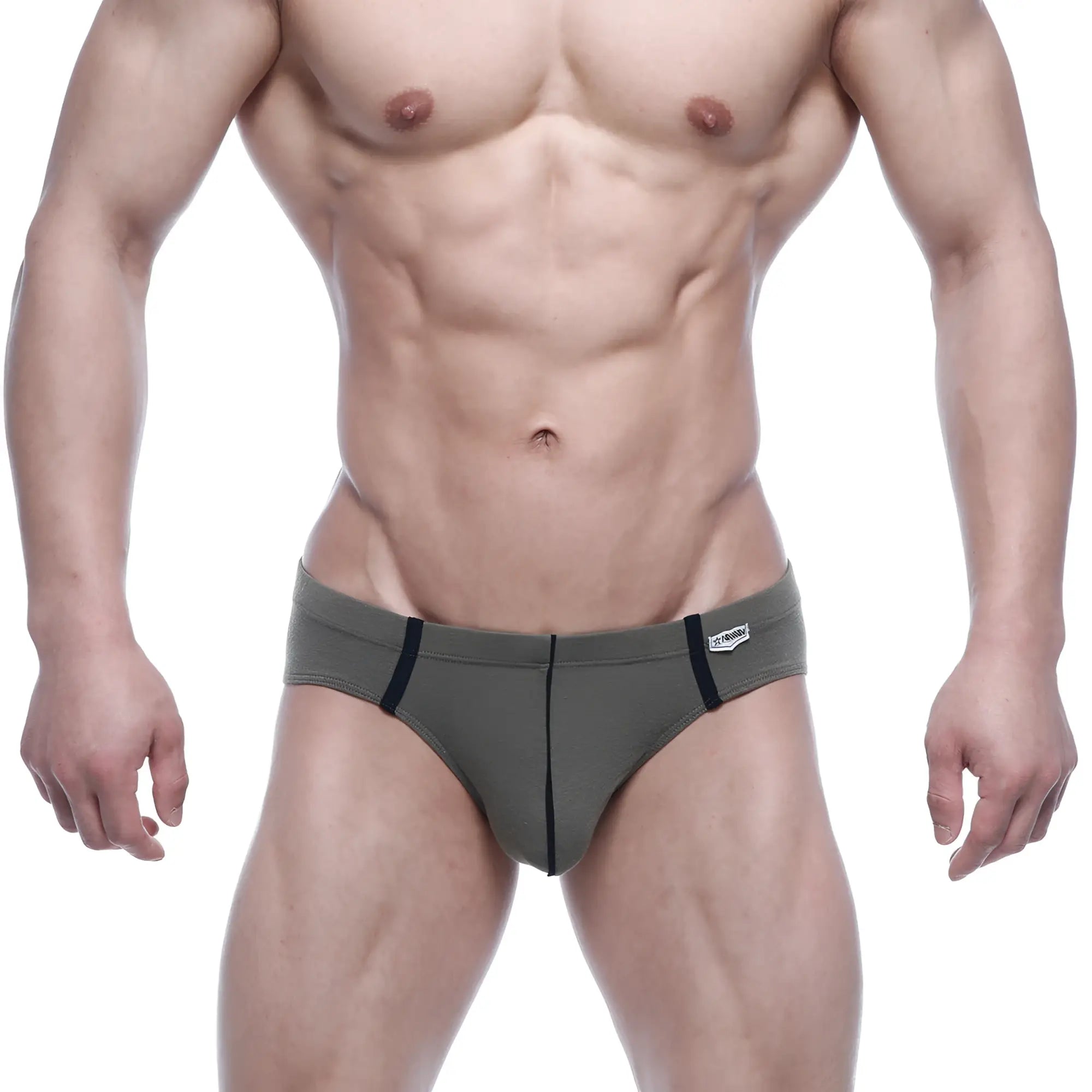 Olive green metro malewear oslo hip brief with black trim and white brand tag on waistband for athletic wear