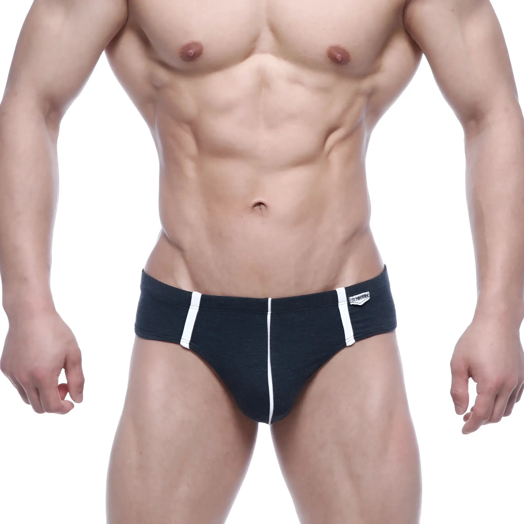 MetroMalewear oslo thong charcoal 5102-11 black briefs with white side stripes and logo on waistband front view