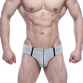 Gray heathered briefs with black trim and small MetroMaleWear tag on waistband for comfortable everyday wear