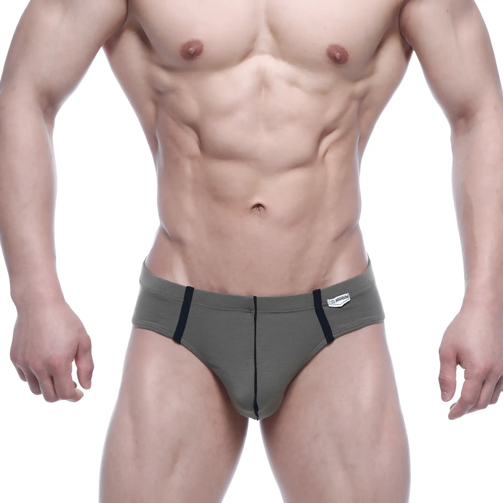 MetroMalewear oslo thong green 5102-26 olive green briefs with black side stripes and white brand tag on waistband