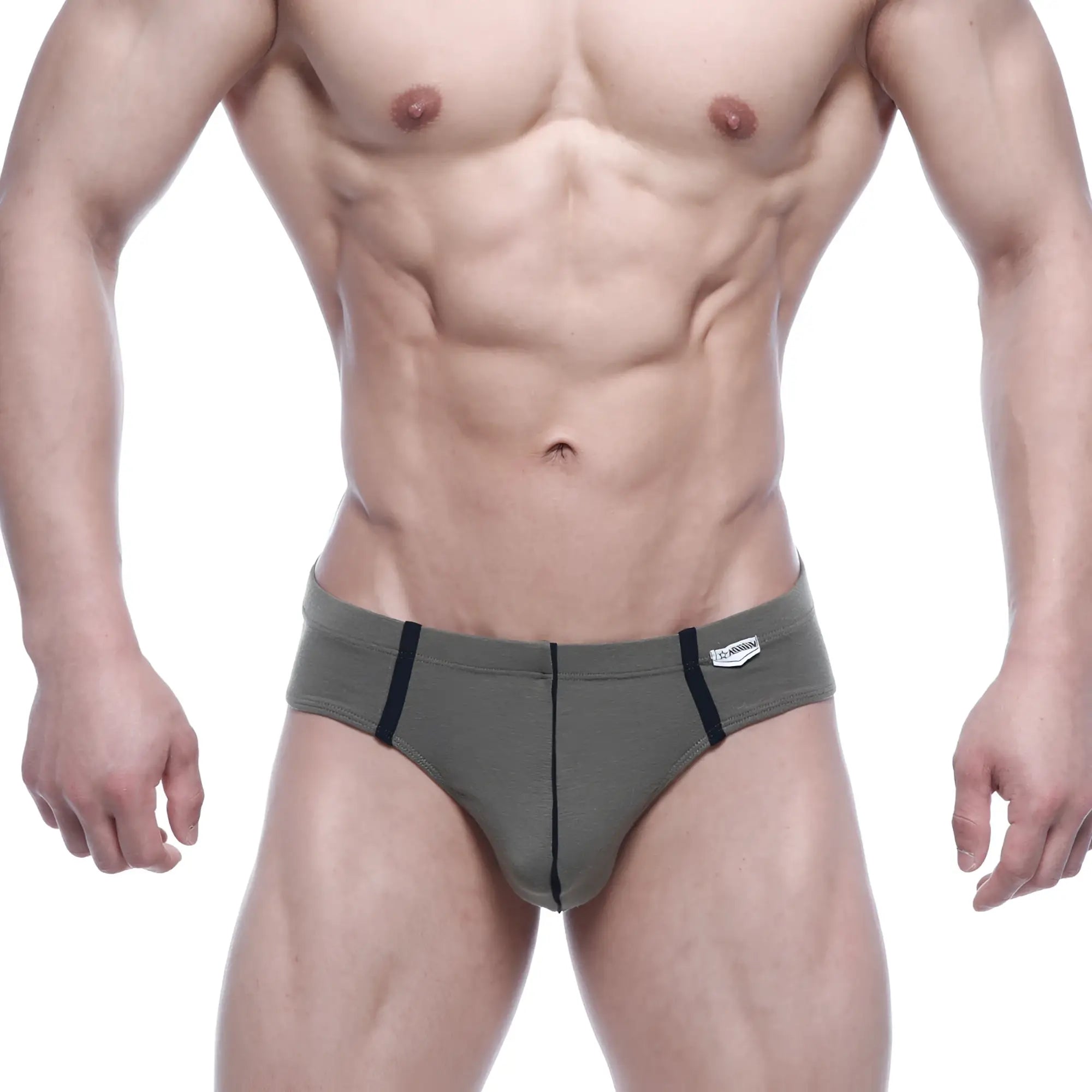MetroMalewear oslo thong green 5102-26 olive green briefs with black side stripes and white brand tag on waistband