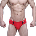 Red athletic briefs with black side stripes and a white metro male wear brand tag on the waistband