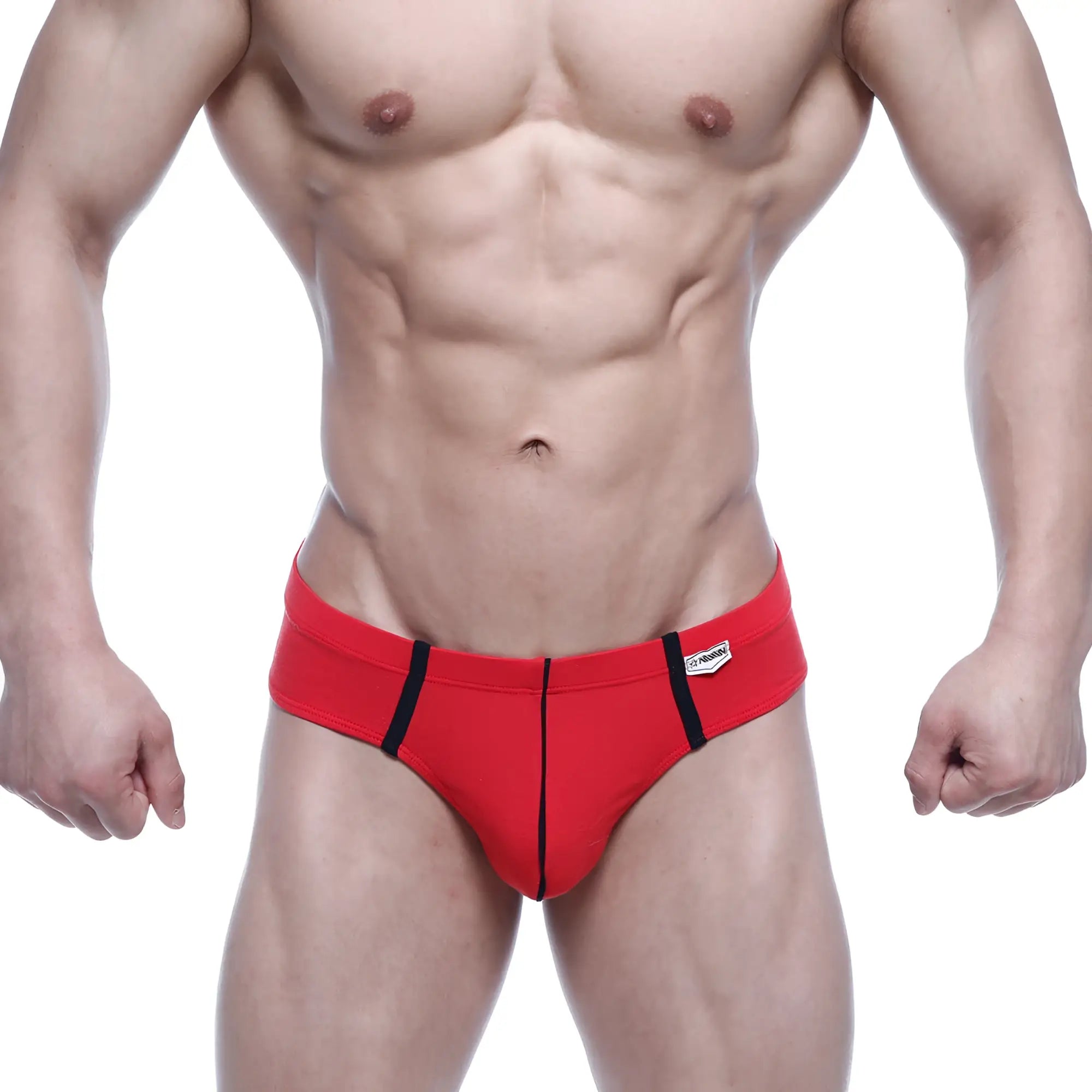 Red athletic briefs with black side stripes and a white metro male wear brand tag on the waistband
