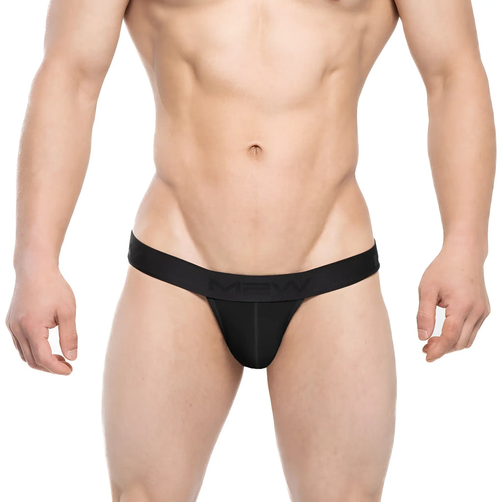 Black men’s thong with narrow waistband featuring men branding metro male wear ostion bikini black 3005-20