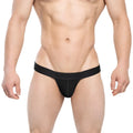 Black men’s thong with narrow waistband featuring men branding metro male wear ostion bikini black 3005-20