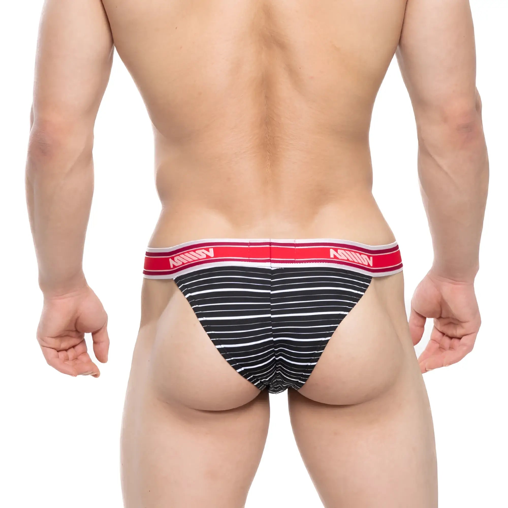 Black and white striped mens briefs with a red amin waistband from metromalewear ostion bikini stripe 3005-40