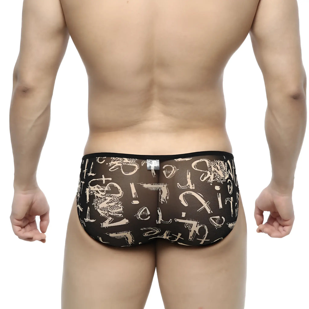 Black sheer mesh briefs metroMalewear over-limit bikini featuring bold white graffiti-style lettering and symbols