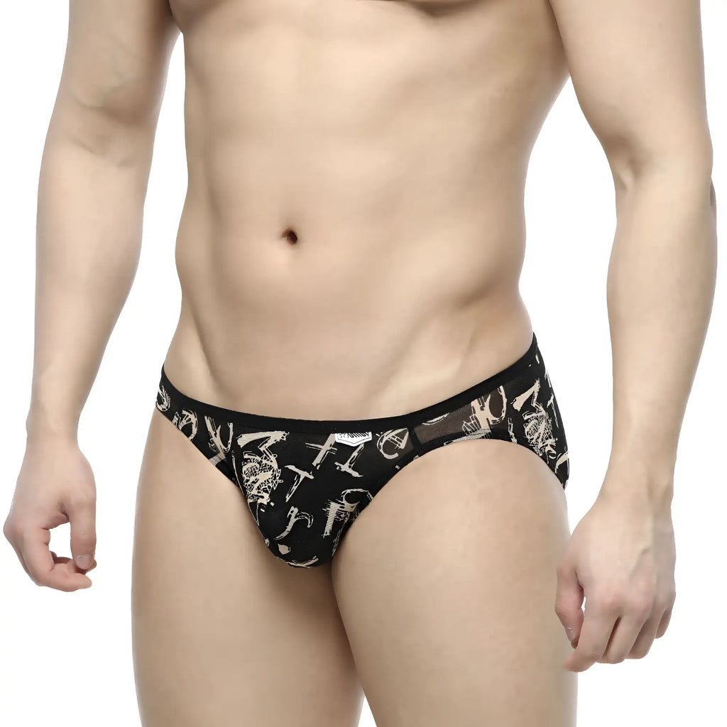 MetroMaleWear over-limit black briefs with white graphic pattern and sheer mesh detailing front view