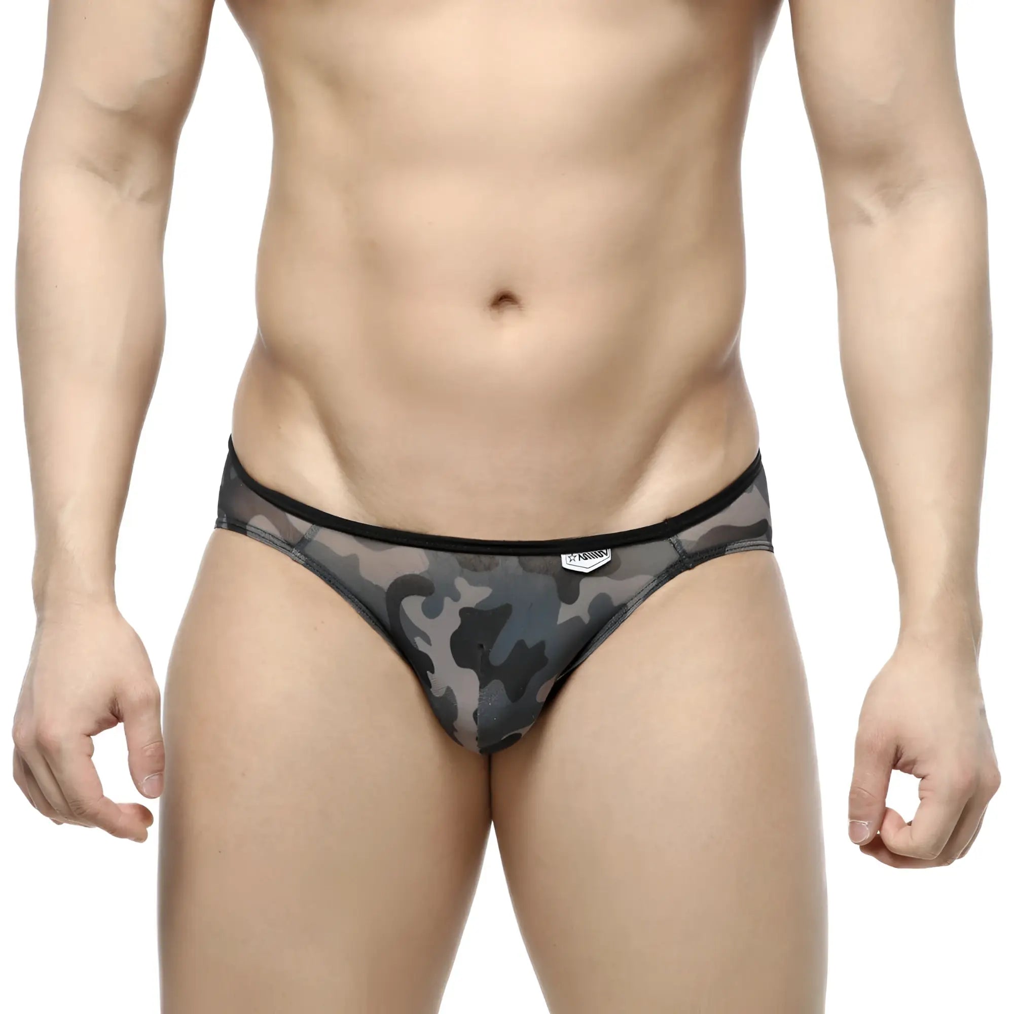Metro male wear over-limit bikini gray mesh briefs in black and gray camouflage with solid black waistband