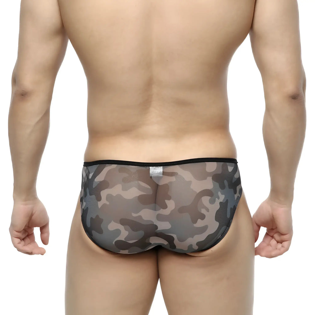 MetroMalewear over-limit bikini gray 2206-93 sheer mesh briefs with gray and black camouflage pattern and black waistband