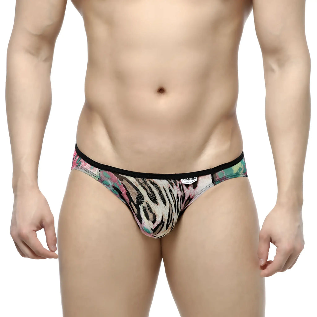 Metro male wear over-limit bikini orange 2206-79 men’s brief with vibrant pink green and black tiger stripe pattern on beige