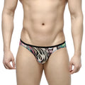 Metro male wear over-limit bikini orange 2206-79 men’s brief with vibrant pink green and black tiger stripe pattern on beige