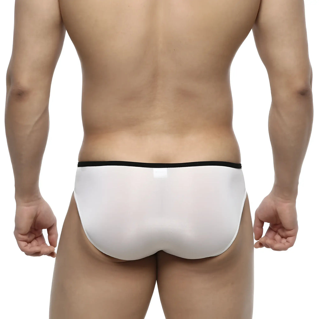 MetroMalewear over-limit bikini sheer white briefs with black waistband designed for comfortable wear