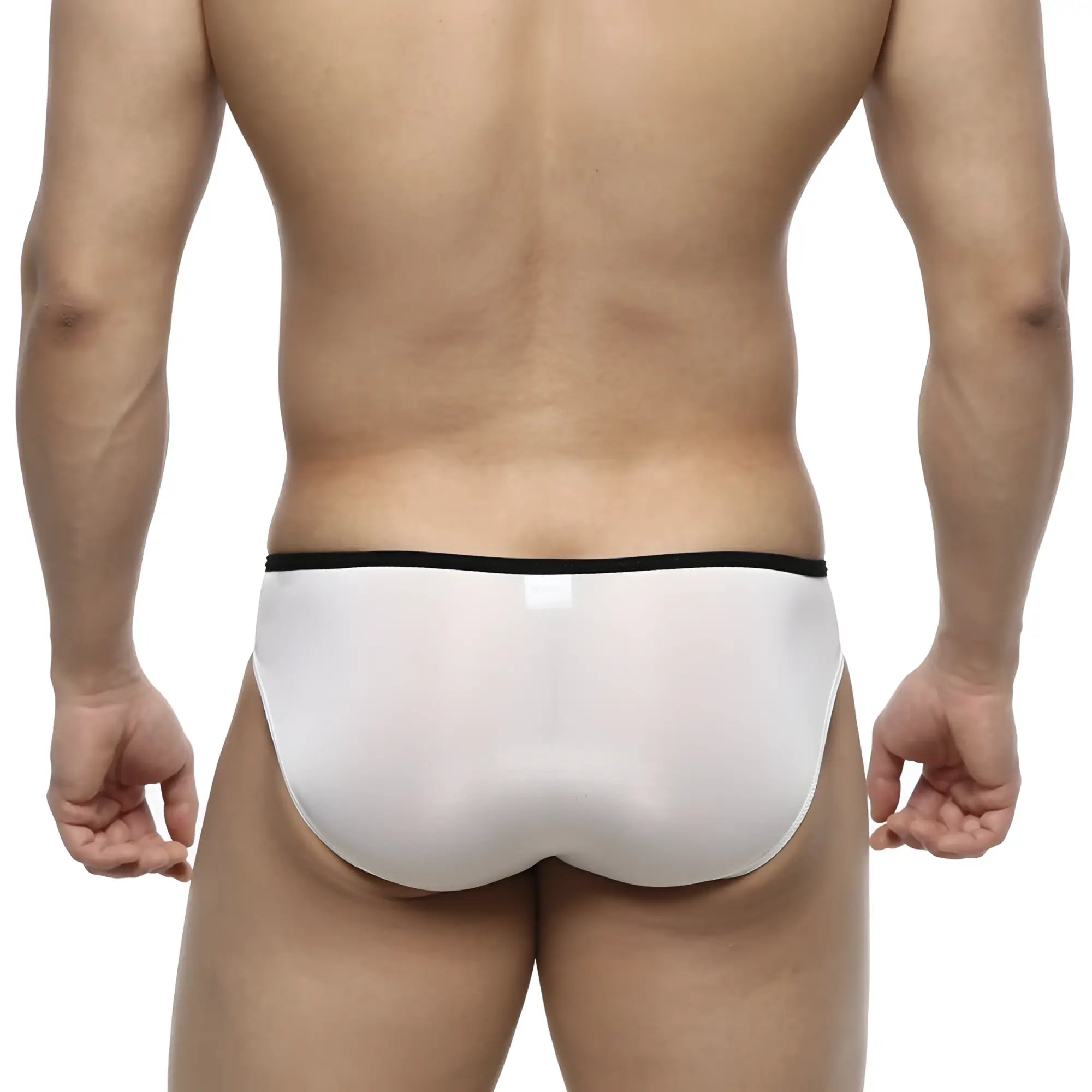 MetroMalewear over-limit bikini sheer white briefs with black waistband designed for comfortable wear
