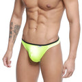 MetroMalewear over-limit neon green thong with black waistband and white logo on the front in a bright neon fabric