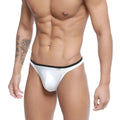 MetroMaleWear Over-Limit white men’s thong with glossy fabric black elastic waistband and small front logo