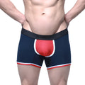 Men’s navy blue MetroMaleWear Oviedo short boxer briefs with red white pouch and black waistband with men logo