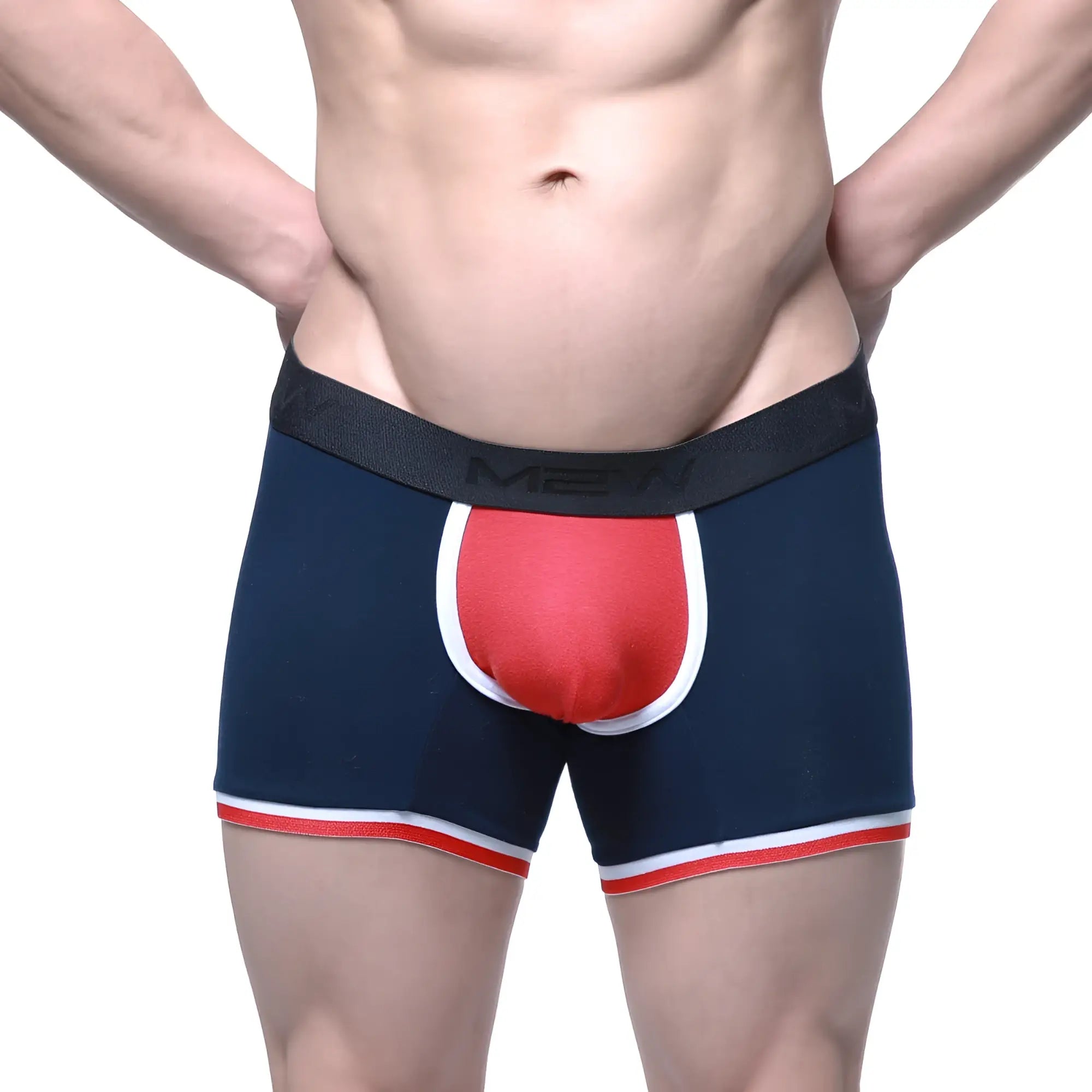 Men’s navy blue MetroMaleWear Oviedo short boxer briefs with red white pouch and black waistband with men logo