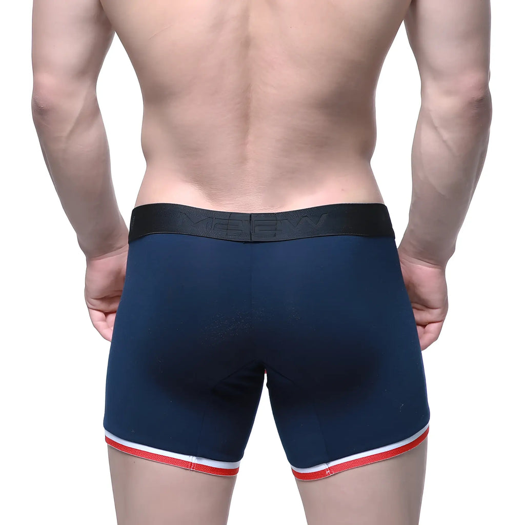 Navy blue metro malewear oviedo short boxer briefs with black waistband and red and white leg trim 7 inch inseam