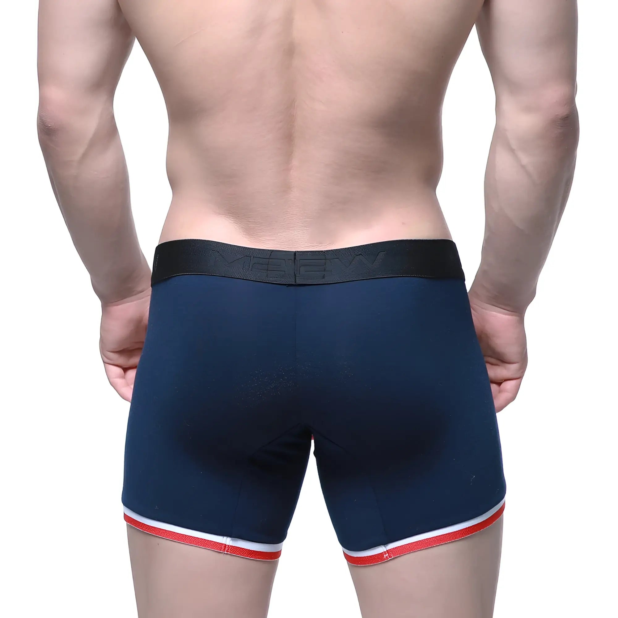 Navy blue metro malewear oviedo short boxer briefs with black waistband and red and white leg trim 7 inch inseam