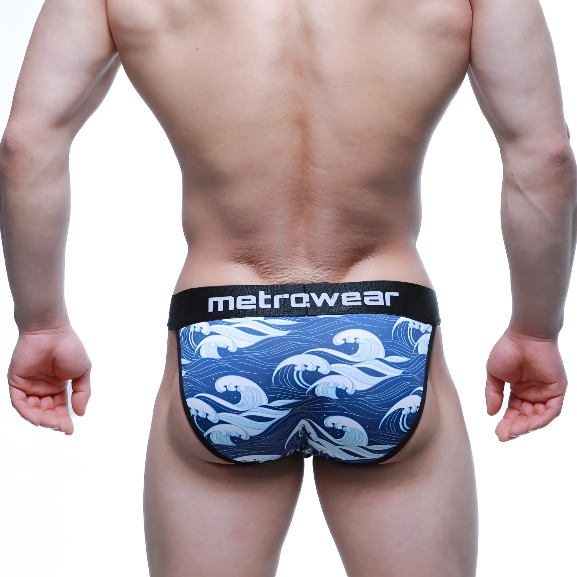 Blue and white wave-patterned MetroMaleWear Pado Bikini 3004-56 men’s briefs with black branded waistband