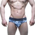 Blue and white wave-patterned mens briefs with dark blue elastic waistband featuring miiuv logo metroMalewear Pado Brief 5203-59