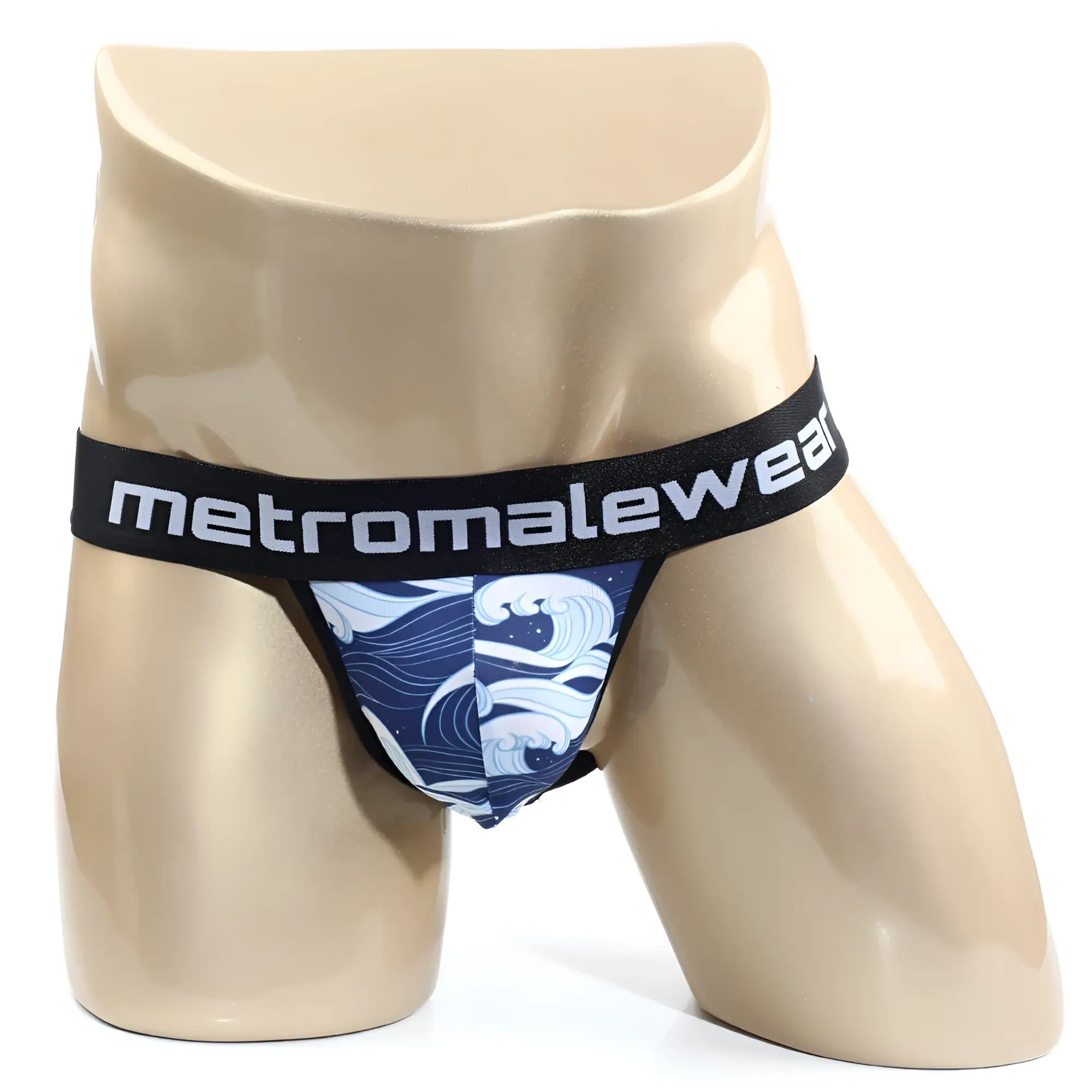 Metro male wear pado jock strap 3001-m63 blue and white wave patterned briefs with black logo waistband front view