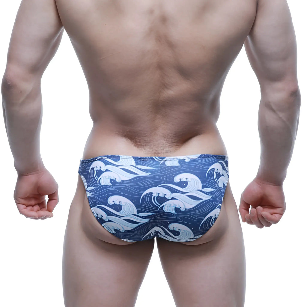 Blue metroMalewear pado lowrise bikini swim trunks with white wave pattern for casual beachwear and swimming