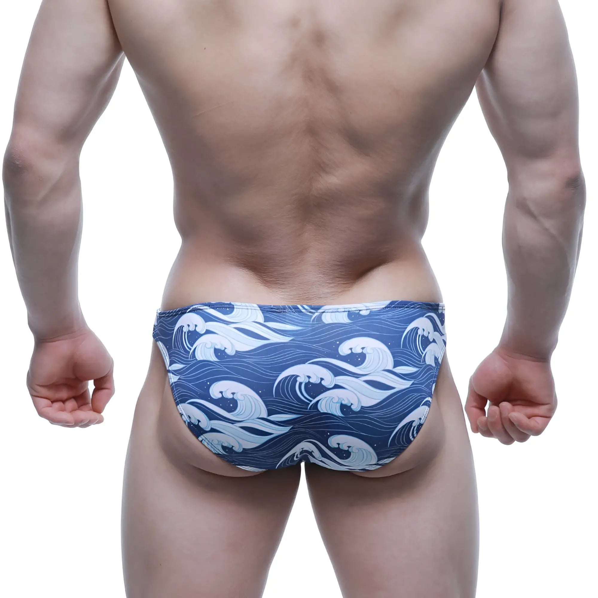 Blue metroMalewear pado lowrise bikini swim trunks with white wave pattern for casual beachwear and swimming