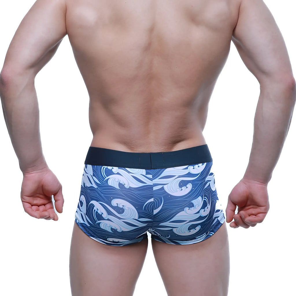 MetroMaleWear Pado Short Boxer 2026-64 blue and white wave patterned men’s boxer briefs with black elastic waistband