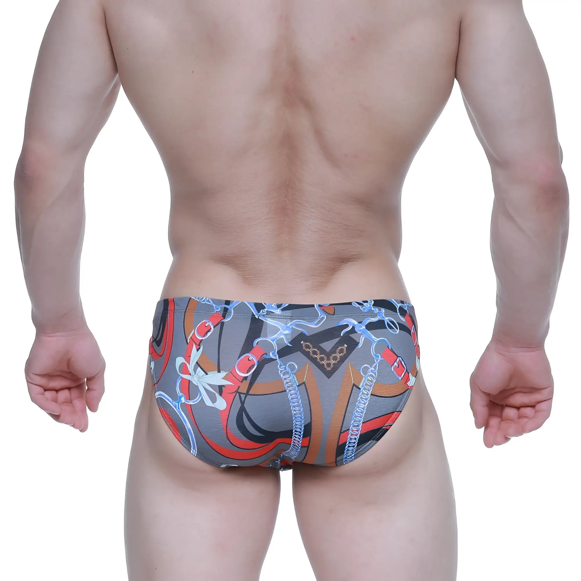 Gray metroMalewear padu bikini 5103-m34 swim trunks with bold red orange and blue chain pattern and decorative bows