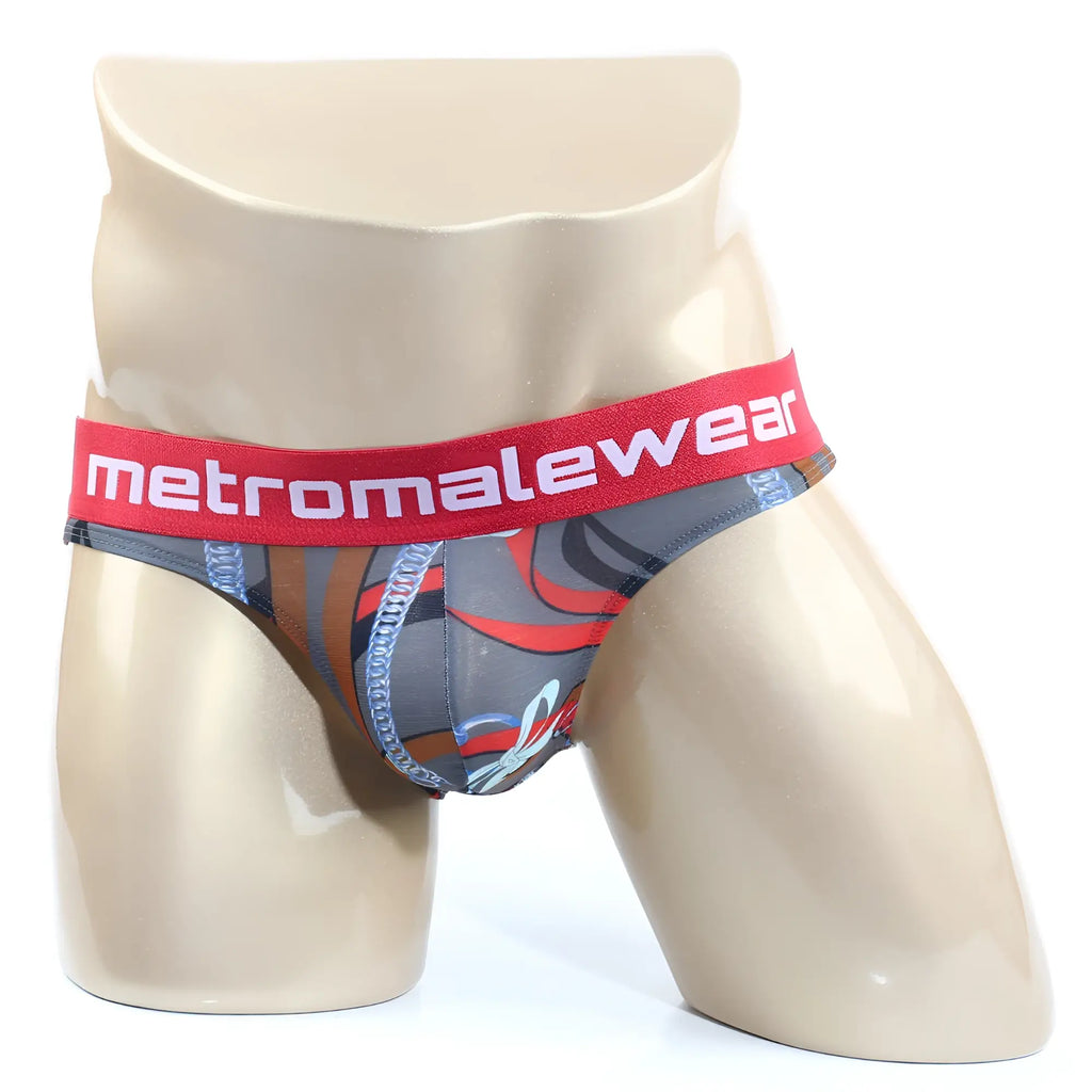 Gray and red patterned men’s briefs with bold metromalewear logo on waistband metro malewear padu brief 2803-33