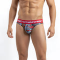 Gray and red patterned men’s briefs with bold metromalewear logo on waistband metro malewear padu brief 2803-33