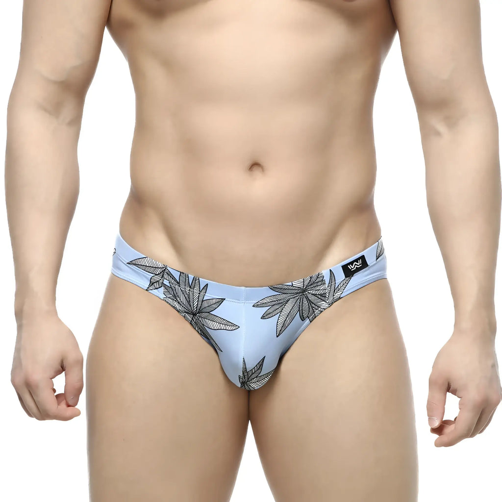 Light blue MetroMaleWear Palma Bikini 5103-49 briefs with black leaf pattern and small logo on waistband