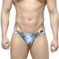 Light blue MetroMaleWear Palma Bikini 5103-49 briefs with black leaf pattern and small logo on waistband