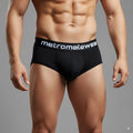 Black mens briefs with white metromalewear logo on waistband in the metro malewear palma boxer jock black 1413-20 style